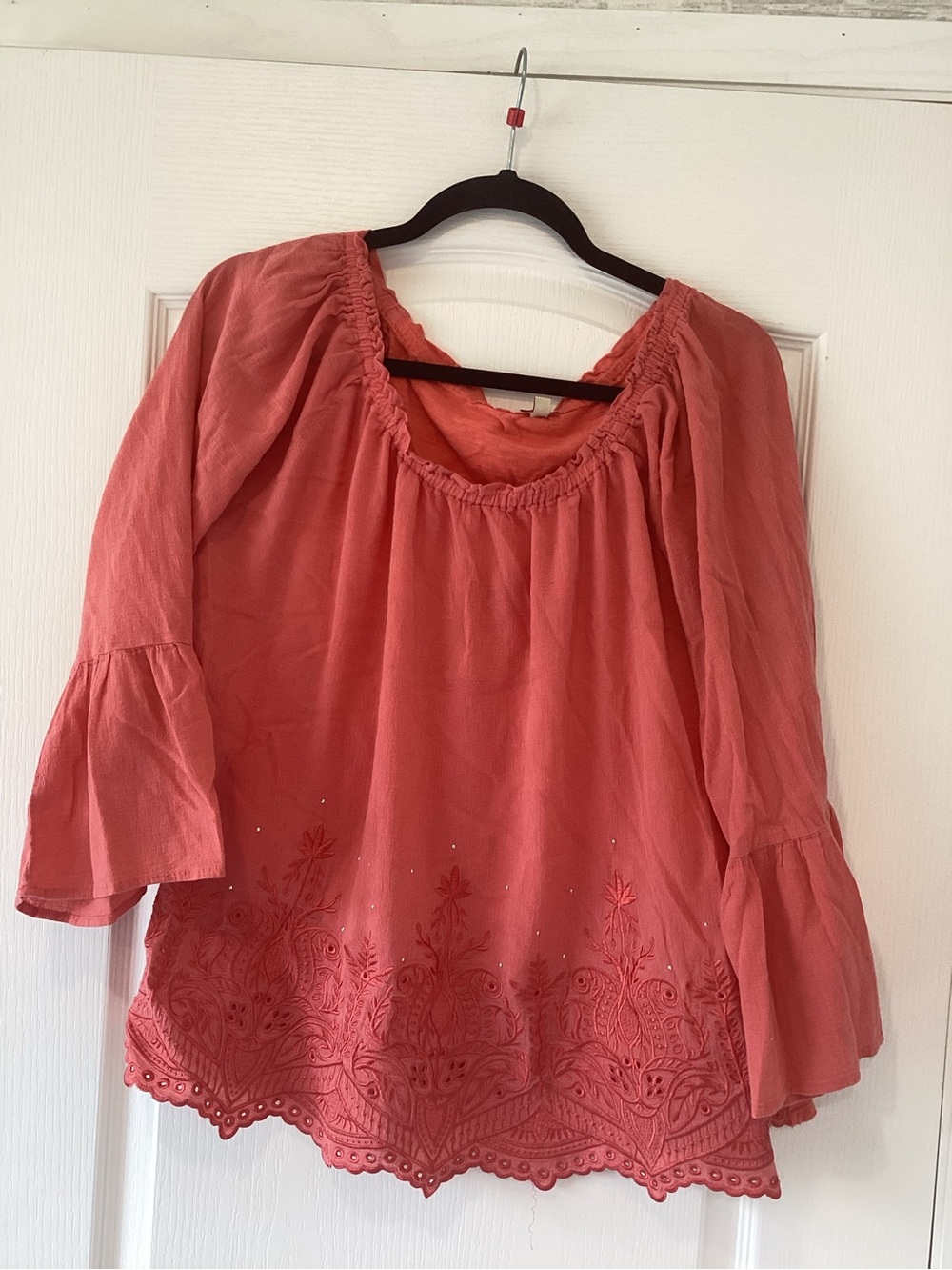 Reba Coral Embroidered Peasant Blouse XL EUC